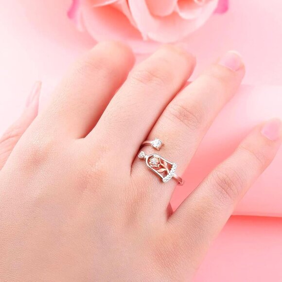 🆕 Women Silver Beauty Beast Rose Ring Sterling Adjustable Teen Jewelry Gifts - Picture 2 of 5